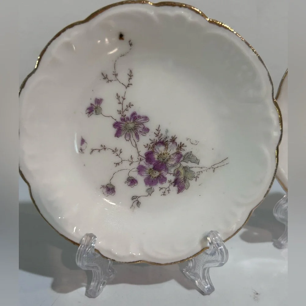 Antique L.S.&S. Carlsbad Austria Hand Painted Floral Plates Set  7 Gold Trim 3.5